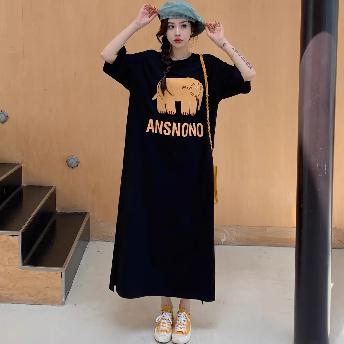 T-shirt ample mi-long, jupe coréenne Sle ort Sve, vêtements d'extérieur fendus, en Polyester, pour les déplacements, h-ape, été Dr