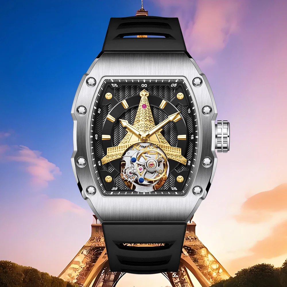 OUMASHI Tourbillon 41.7mm Men's Luxury Watch with Mechanical Frame & Original Tourbillon Mechanical Movement Paris Eiffel Tower