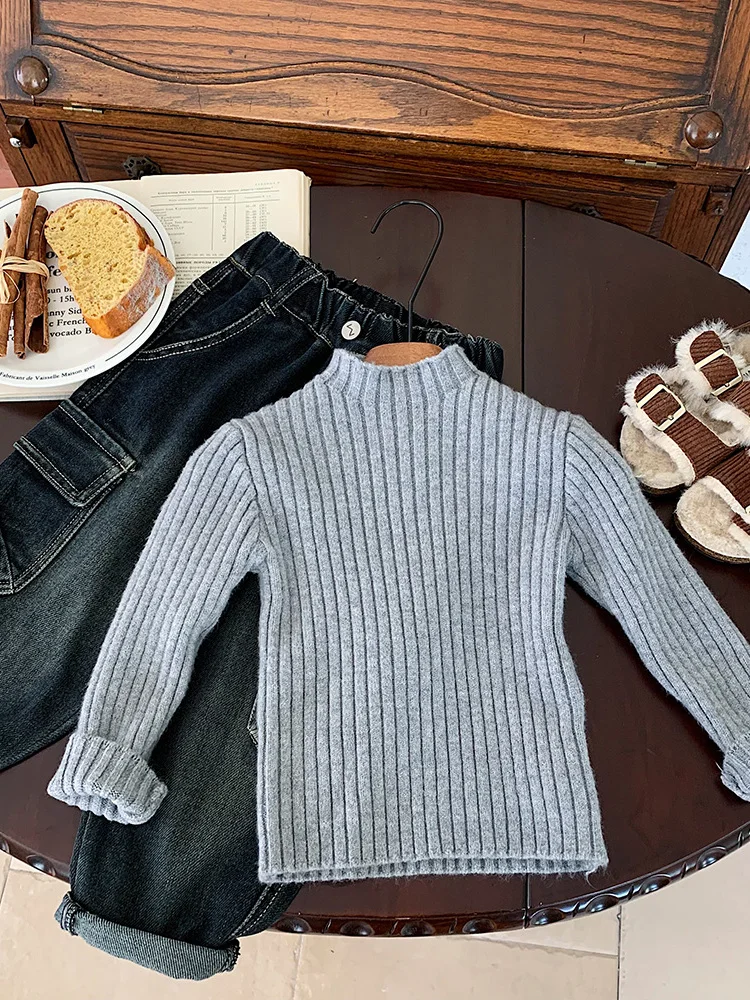 ملابس داخلية تريكو للأطفال ملابس خارجية للأطفال لون نقي للخريف والشتاء ملابس أطفال متعددة الاستخدامات ملابس كورية