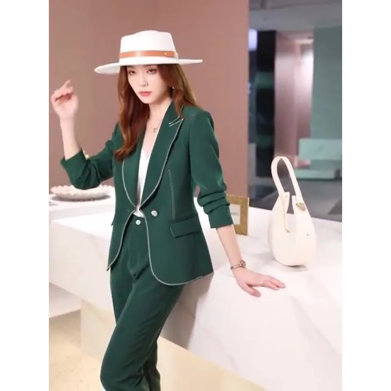 Insozkdg Black Office Two Piece Set Pants Women Trouser Suit Womens 2-Set Green Professional Outfit Blazer + Straight Leg Pants