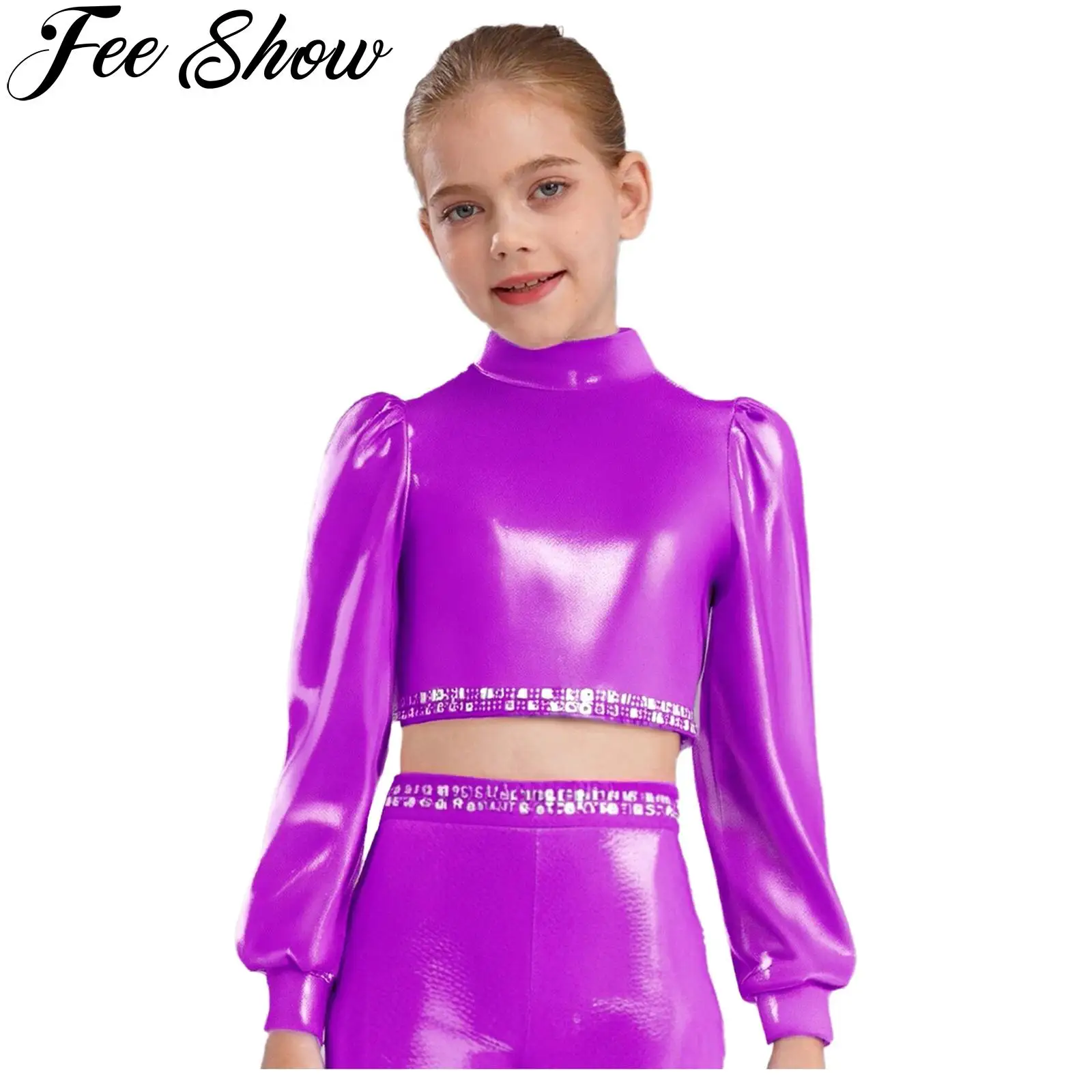 

Kids Girls Modern Jazz Dance Crop Top Metallic Shiny Rhinestones Long Sleeves Tops Figure Skating Performance Street Dancewear