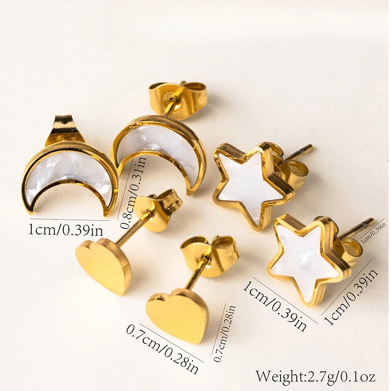 PAPERPLUS | 3pair/set Girl Small Stud Earrings Korean Fashion Stainless Steel Star Moon Gold Eardrop for Women Lovely Jewelry