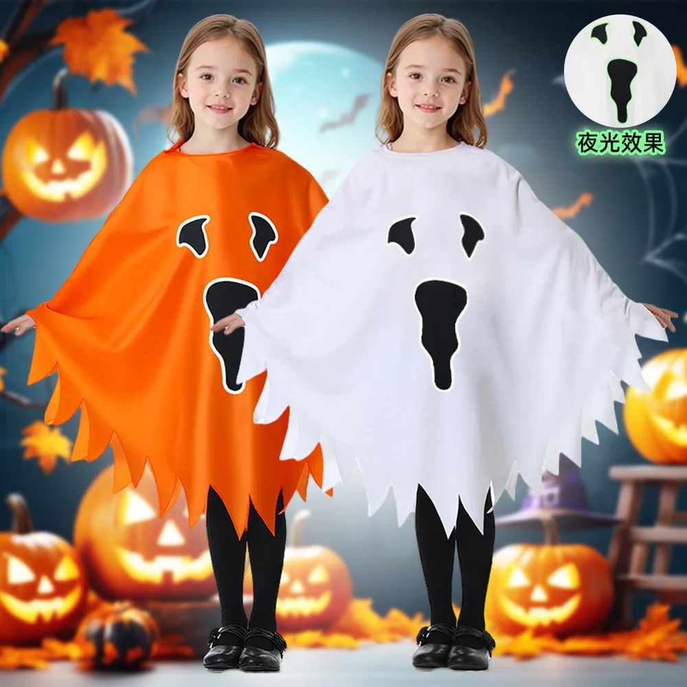 Kids Cape White Black Orange Ghost Luminous Hooded Cloak Boys Girls Cosplay Costume Party Performance Costume Halloween Costume
