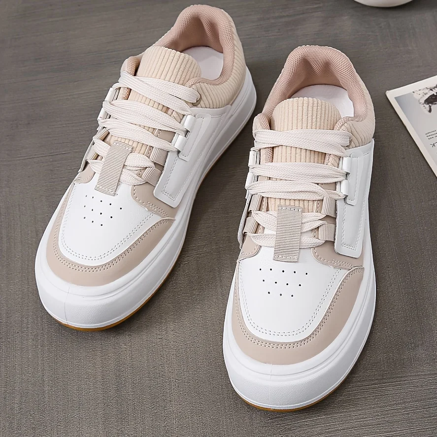 Women\'s Colorblock Skate Shoes Trendy Lace Up Low Top Round Toe Sneakers All-match Walking Trainers UP Platform Shoes for Women