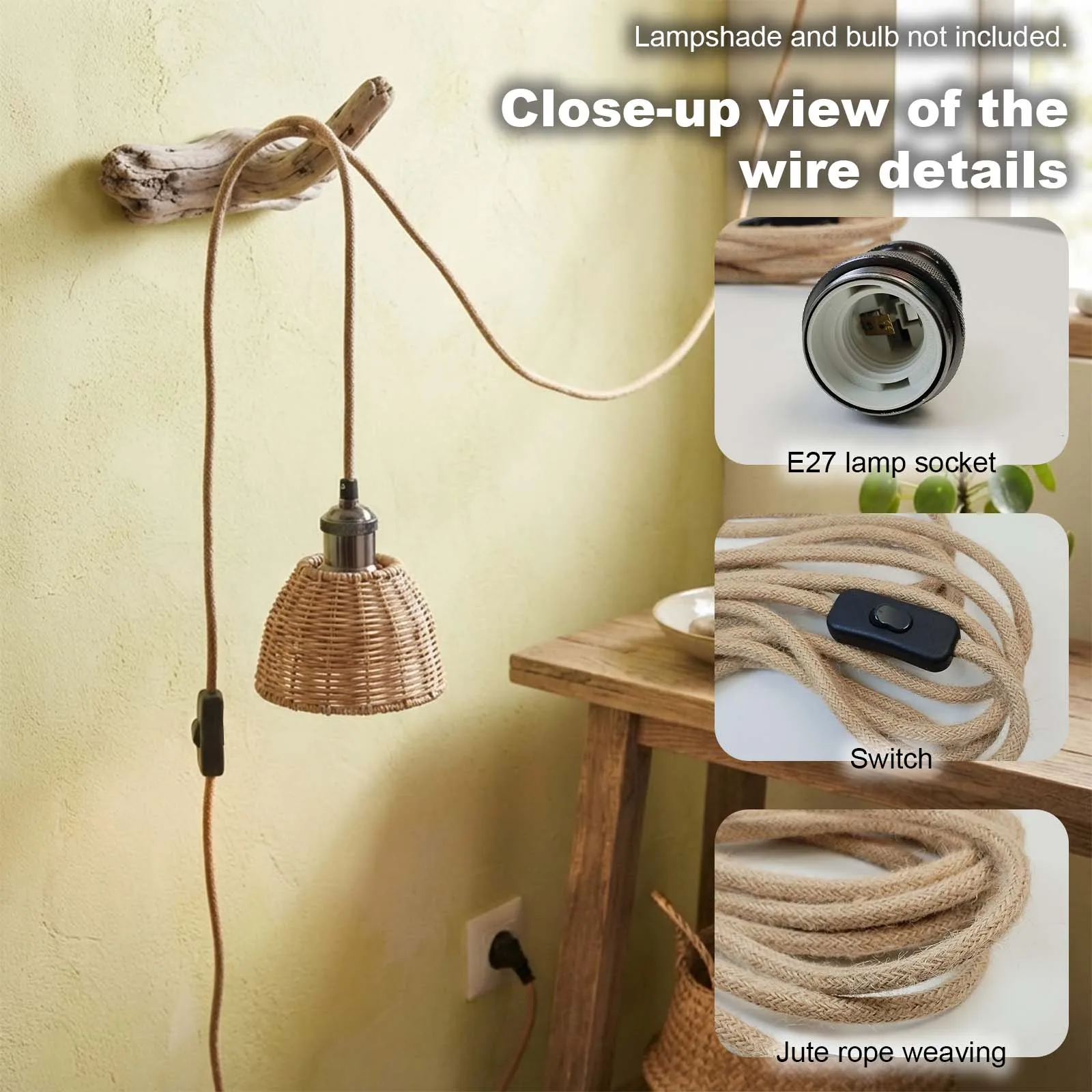 Pendant Light Cord, Black E27 Socket, Jute Rope Braided Cable, Inline Switch, EU Plug, Vintage, Plug-in, DIY