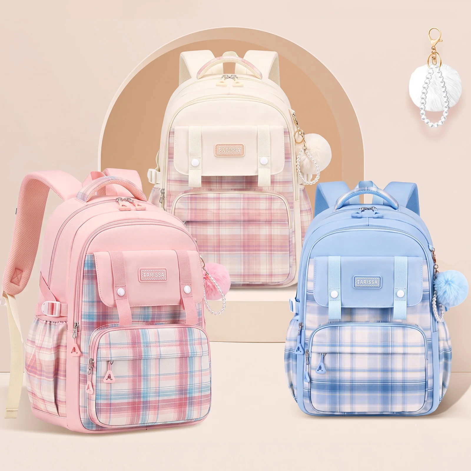 Plaid Print Girls Backpack for Grades 3-6,Large Capacity School Bag,Cute Elementary Students Bookbag with Comfortable Straps
