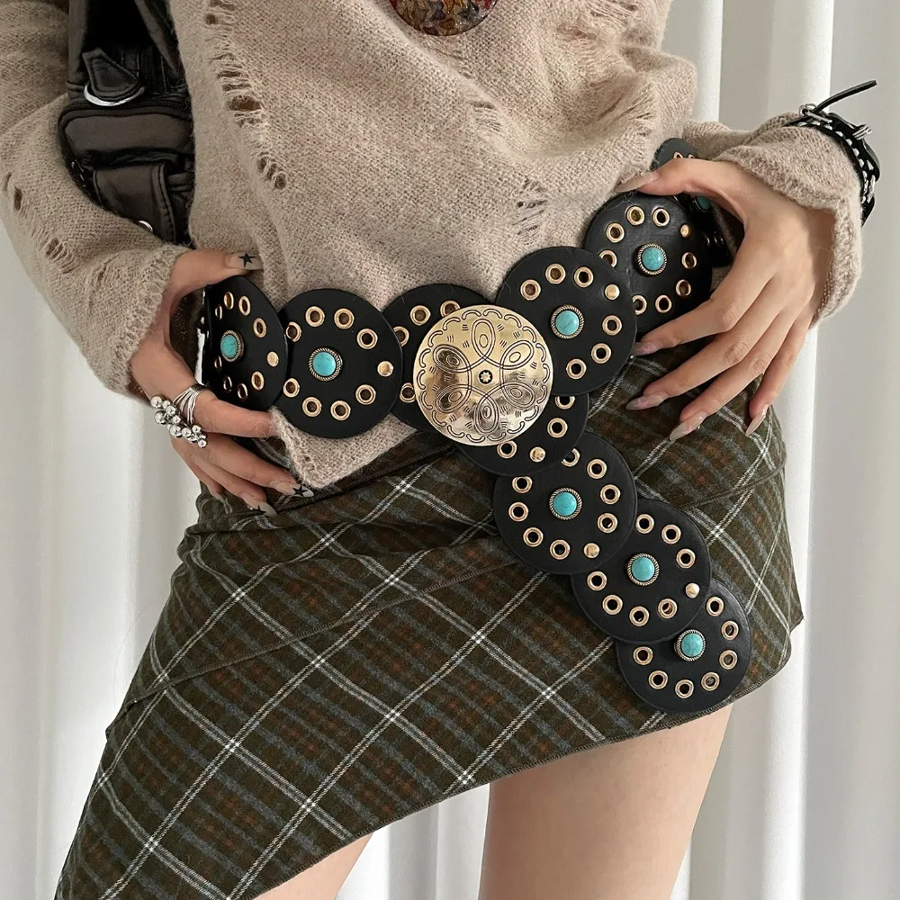 

Vintage Metal Round Buckle Belts Wide Baroque Style Hollow Out Belts Exaggerated Y2K Cowboy Waistband Waist Accessories