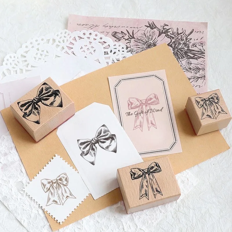 Vintage Bowknot Wooden Stamp for Gift Packing Decoration Multiple Patterns Wood Seal for Scrapbooking And Craft Supplies