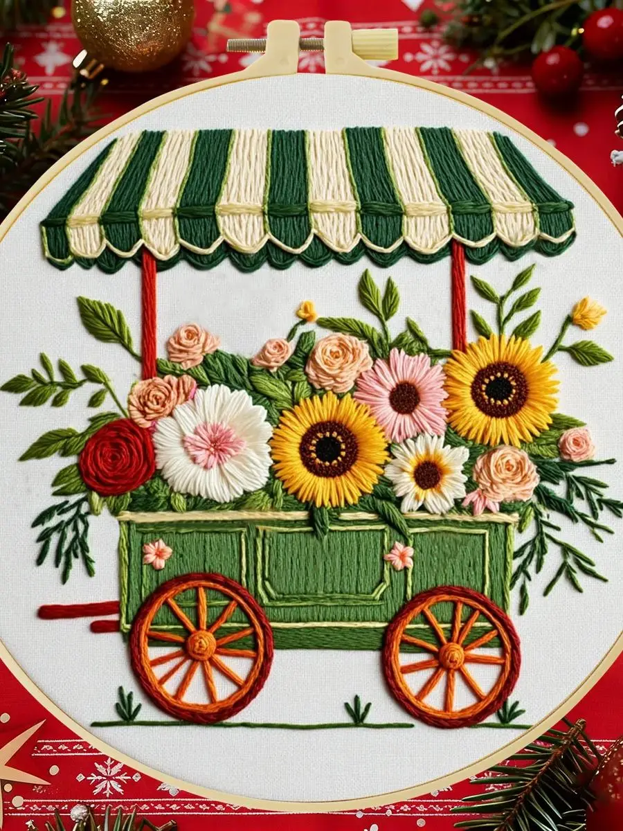 1 Stück 20X20CM/15X15CM Die Blumen im Wagen Stickerei-Starter-Set DIY Kreuzstich Nähkunst als Geschenk – Detail 1