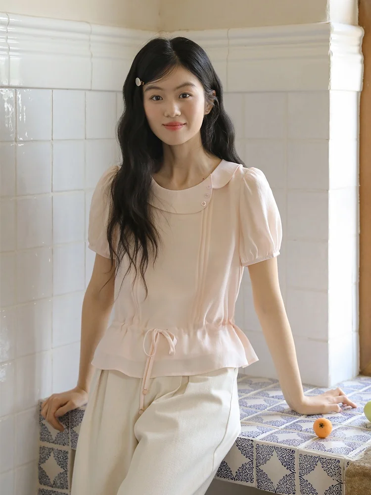 

Nesoulum Pink Dstring Waist Design ort Sve Women's Summer Retro Overhead irt Comfortable Breathable Bubble Sve