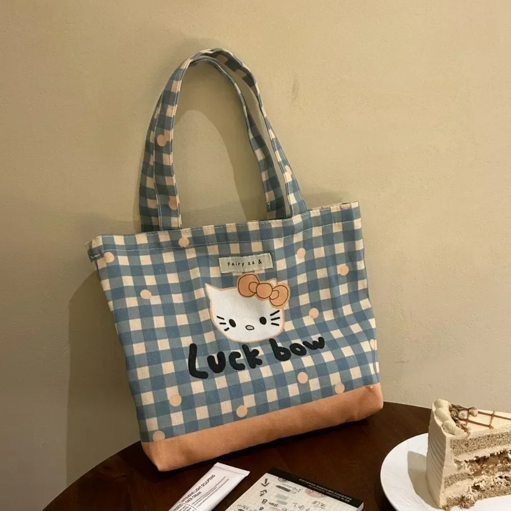 Hello Kitty Tote Bag Miniso Canvas Printing Grid Middle Ancient Style Lucky Bow Portable Shoulder Bag Book Storage Handbag Girls