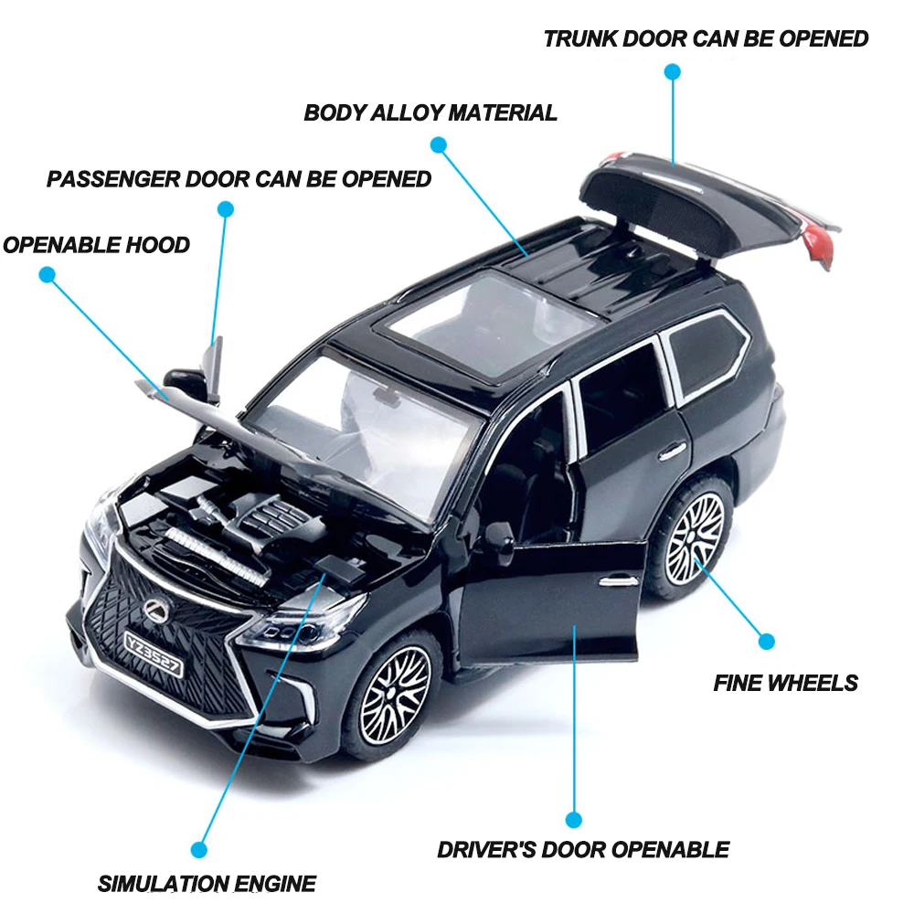 Modelo de coche de juguete de fundición a presión de aleación Lx570 1:36, 4 puertas, puede abrir la rueda trasera, el maletero del motor trasero puede abrir coleccionables para niños