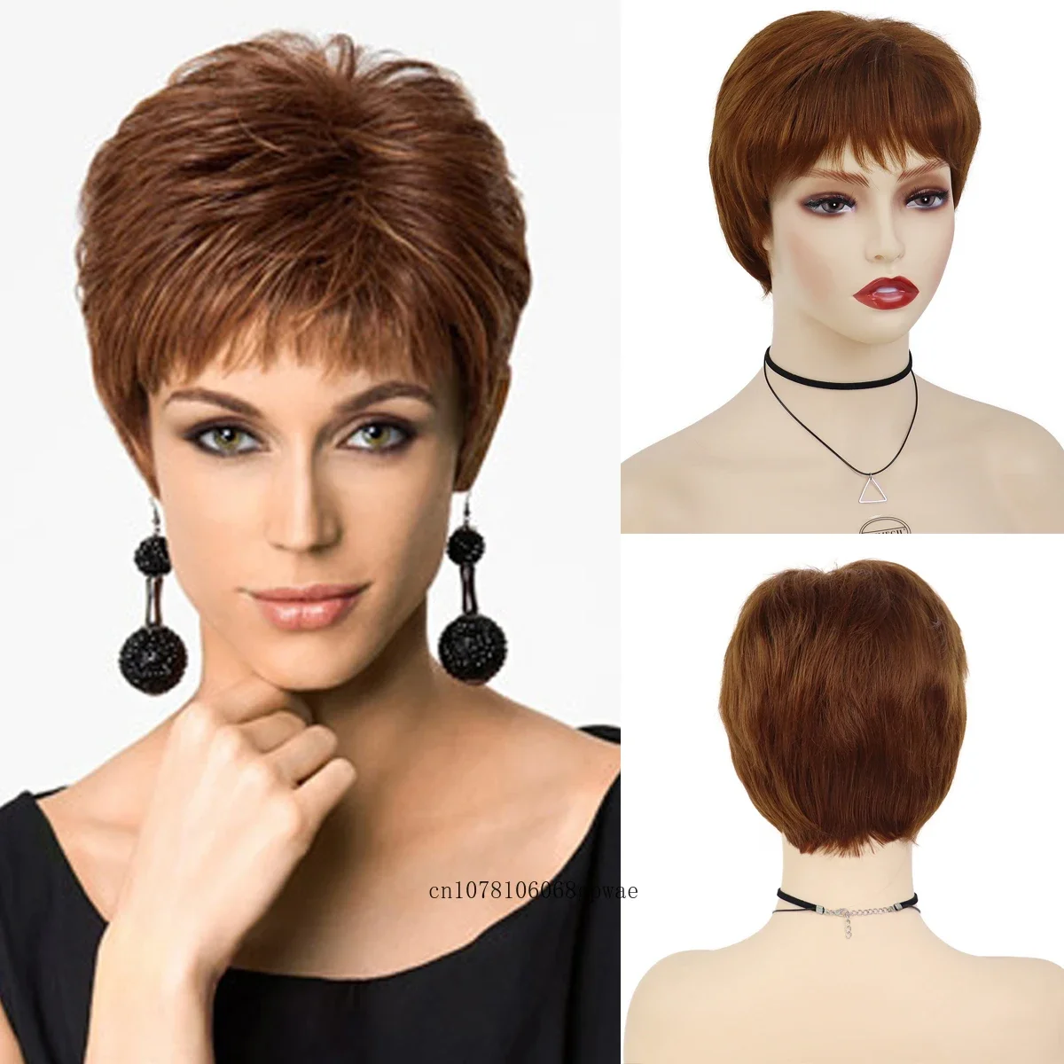 

Natural Short Wigs for Women Synthetic Pixie Cut Wig with Bangs Brown Straight Hair Daily Fashion Mommy Wig Adjustable Cap Size