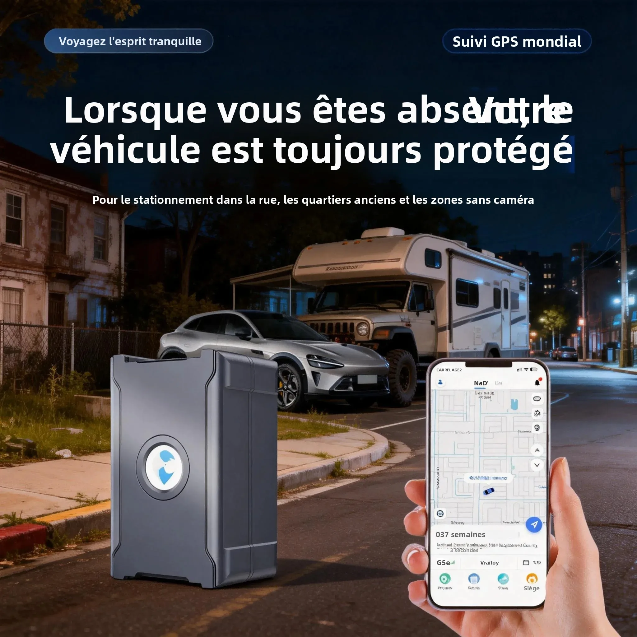 Traqueur GPS sans fil pour voiture antivol |   Localisateur global de véhicules en temps réel avec SIM IoT |   Alarme de vibrations et de géo-clôture |   15+ jours