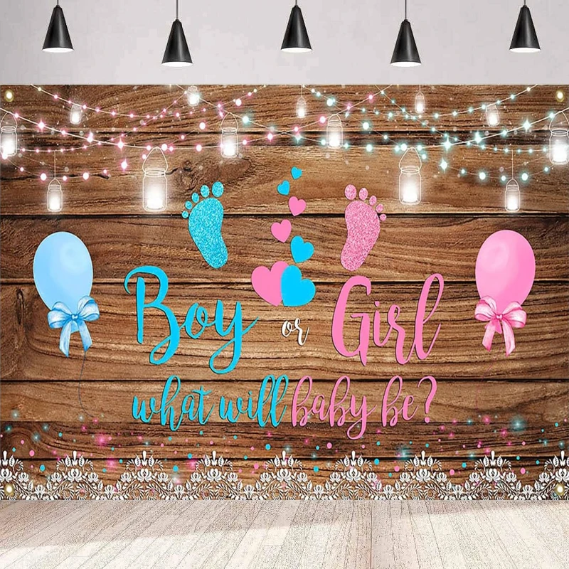 Boy or Girl Banner Photography Backdrop Pink or Blue Gender Reveal Party Decor Lights Floral Wooden Baby Shower Background Wall