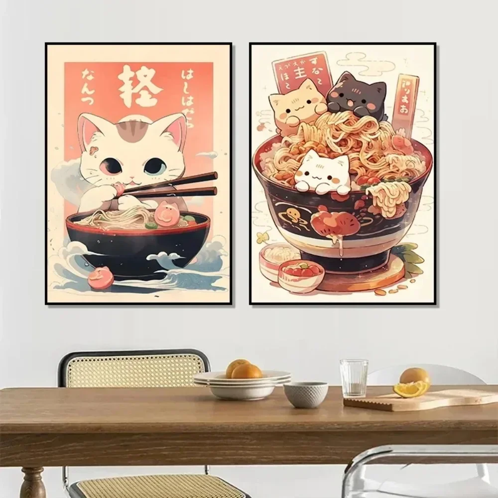 1pc Frameless Kawaii Japanese Ramen Animal Cat Poster Canvas Print Painting Home Noodle Food Wall Poster Kitchen Room Decoration