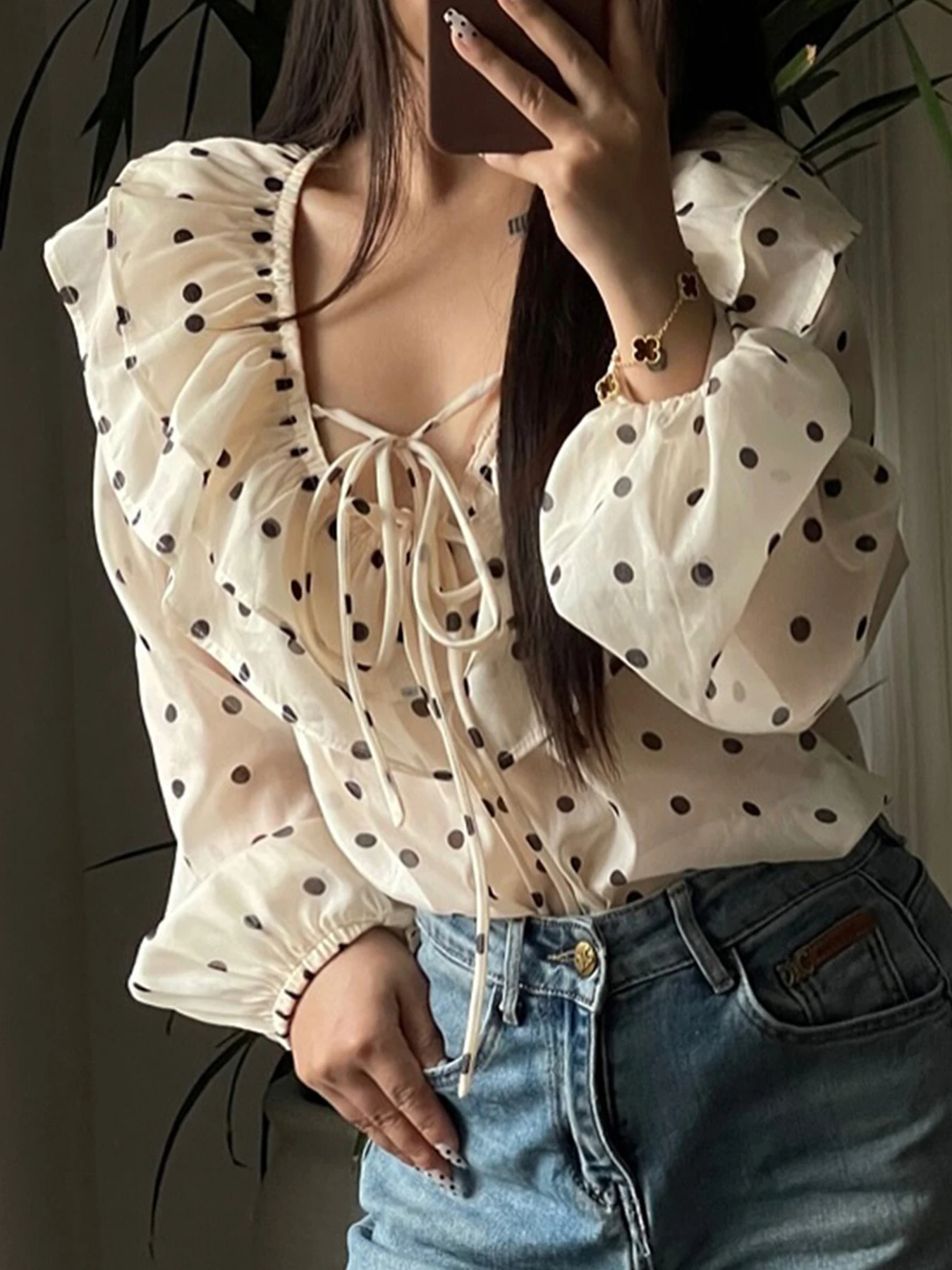 

Sweetown Fashion Polka Dot Prints Ruffles Bow Women T-Shirts Causal Simple Chiffon Elegant Sweet Style V-Neck Blouses