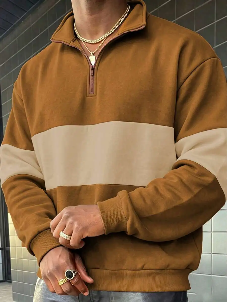 Men's Autumn/Winter Casual Fashion Versatile Colorblock College Style Comfortable Half-Zip Long Sleeve Sweatshirt