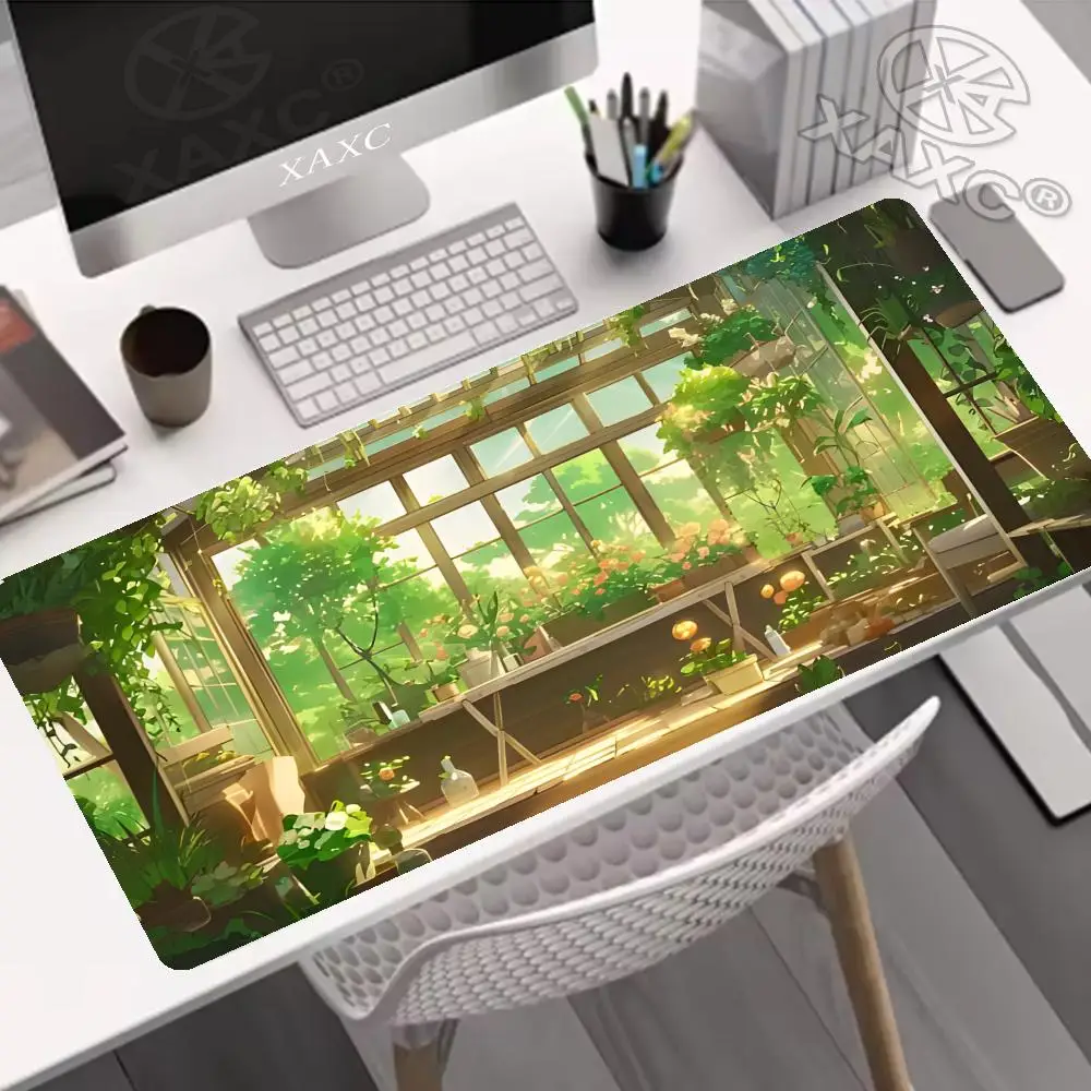 Lush Greenhouse Mouse Pad - Vibrant Nature Art Desk Mat with Cats & Sunlit Plants.  Smooth Surface , Gaming & Cozy Vibe XAXC