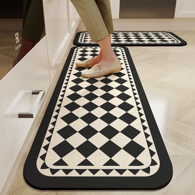 Kitchen Carpet Pvc Waterproof Leather Floor Mat Anti-slip Long Foot Mats Black Plaid Checkerboard Carpets Home Decoration Rug