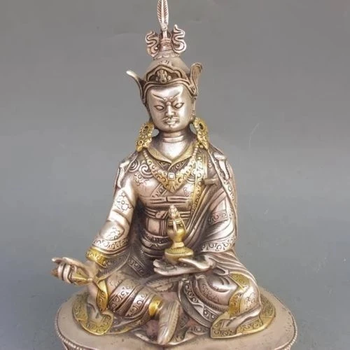 Elaborate Chinese Vintage Tibetan Silver Gilt Tibetan Buddhism Statue -- Green Tara Buddha