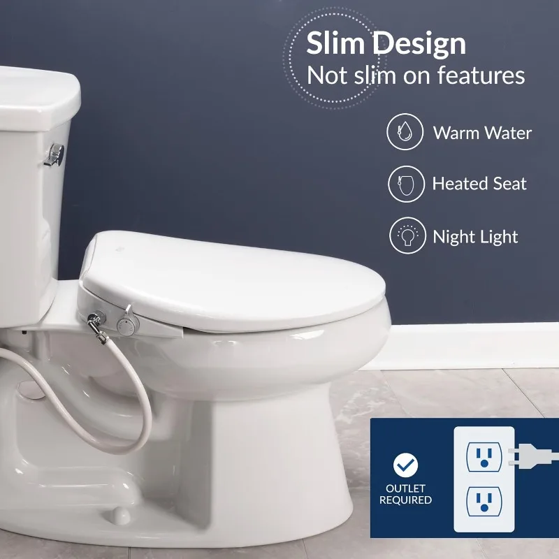 Low Profile Electric Bidet Toilet Seat, Warm Water, Slim Heated Seat with Smart Sensor and Slow Close Lid, Night