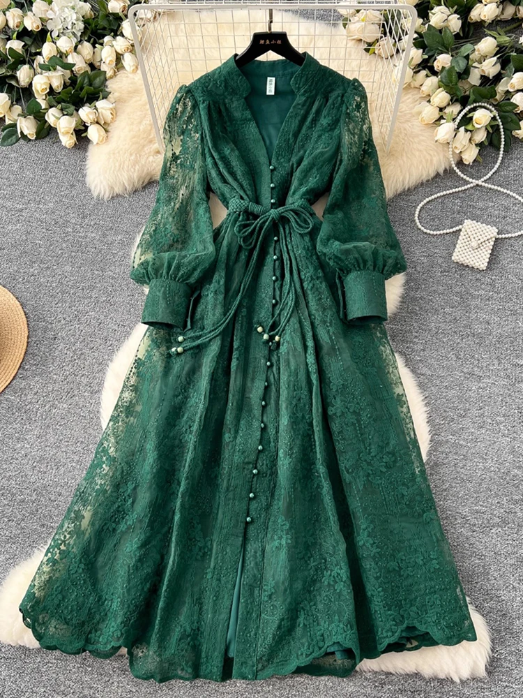 Alta qualidade elegante vestido longo feminino bordado com decote em v vintage uma linha vestidos verdes robe primavera senhora magro vestido de cintura alta