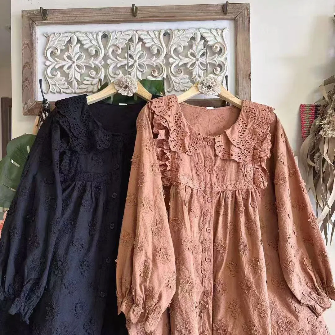 

Women Mori Kei Clothing Sweet Embroidery Cotton Doll Shirts Spring Autumn Peter Pan Collar Long Sleeve Casual Loose Blouse Tops