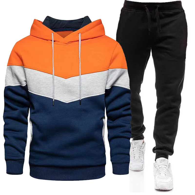 Men\'s Tracksuit Casual Jogging Suit Outdoor Set Hoodies + Black Sweatpant 2pcs Fashion Warm contrasting colors Sportswear