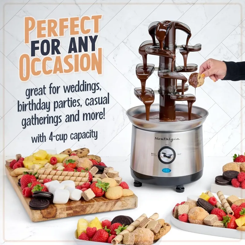 4 Tier Electric Chocolate Fondue Fountain Machine for Parties - Melts Cheese, Queso, Candy, and Liqueur - Dip Strawberries