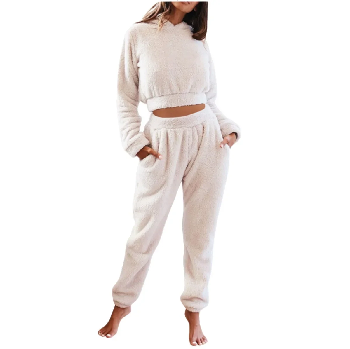 Thickened 2pcs Women's Coral Velvet Pajamas Long Sleeve Pullover Hooded Casual Trousers Double-sided Plush Warm Pijama for Women