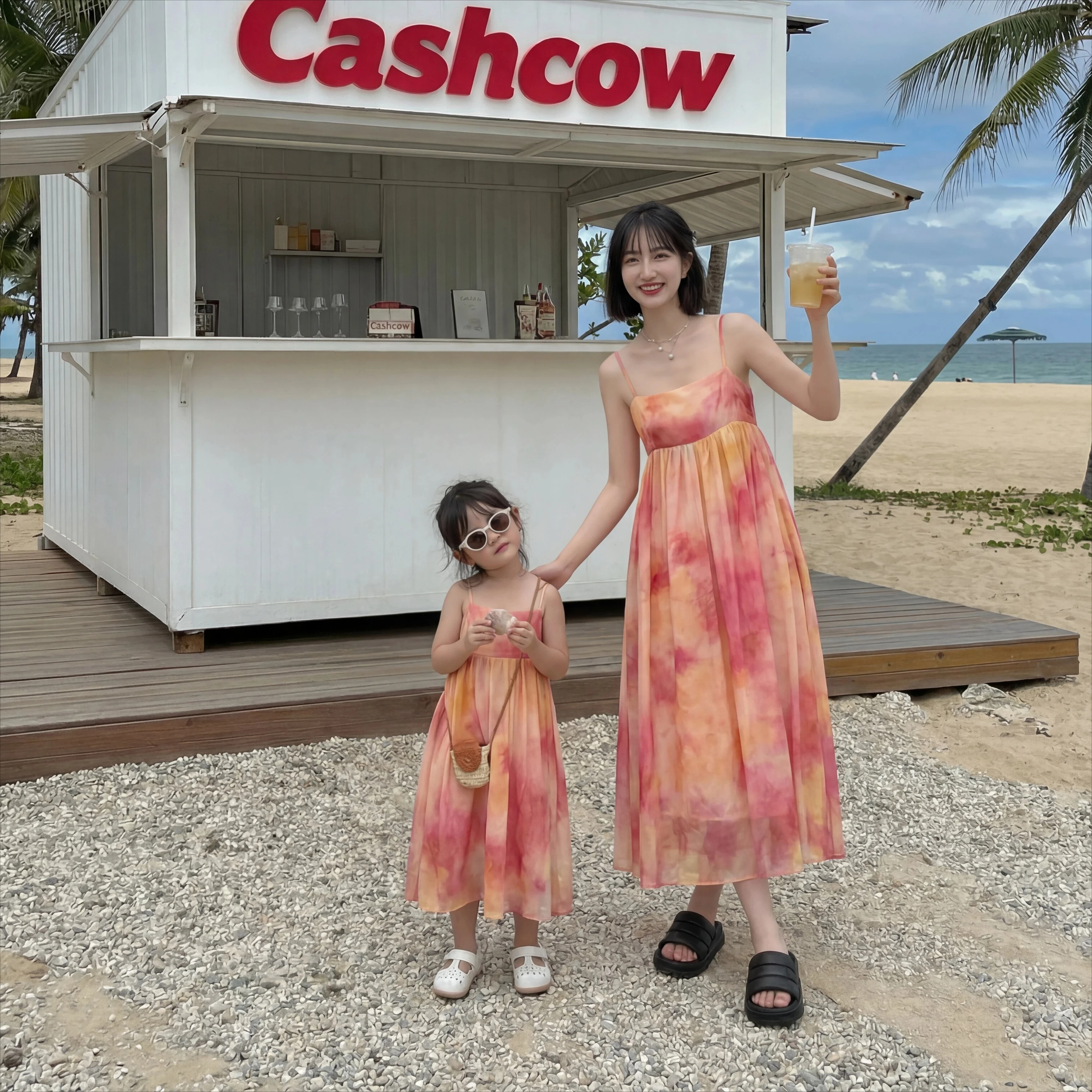 2026 Summer Boho Mom & Me Matching Outfits Sunset Ombre Tie-Dye Maxi Dress for Beach Vacation Photoshoot