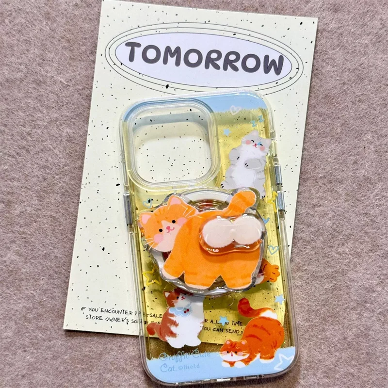 Magnetic painted semi transparent orange cat phone case with rotating magnetic bracket for iPhone 11 12 13 14 15 16 17 pro max