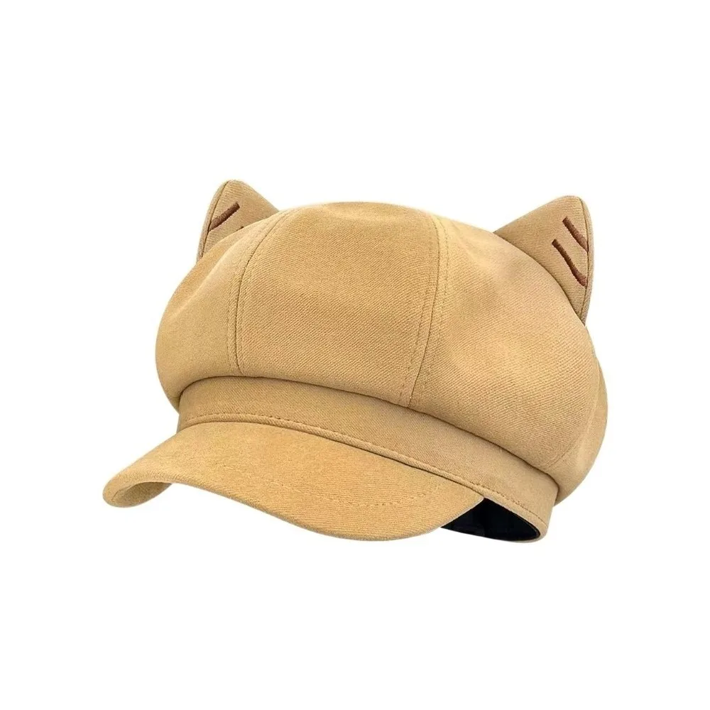 

Versatile Solid Color Cat Ear Hat Woolen Japanese Style British Beret Hat Y2K Adjustment Octagonal Cap Painter