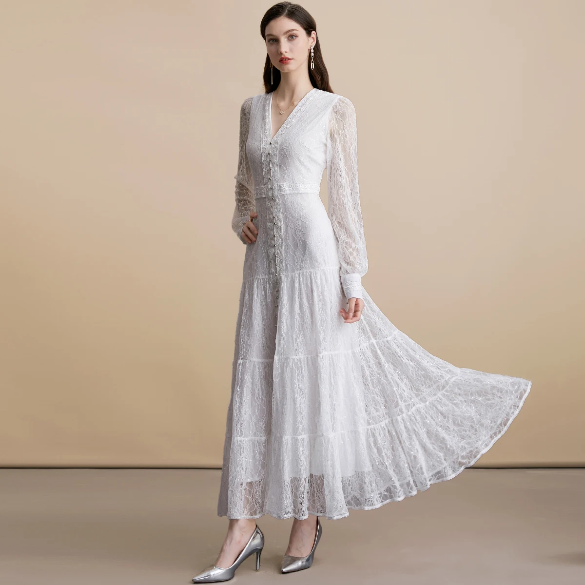 Vestidos largos elegantes de encaje para fiesta de graduación para mujer, vestido bordado de cintura alta con cuello en V y manga acampanada, moda femenina