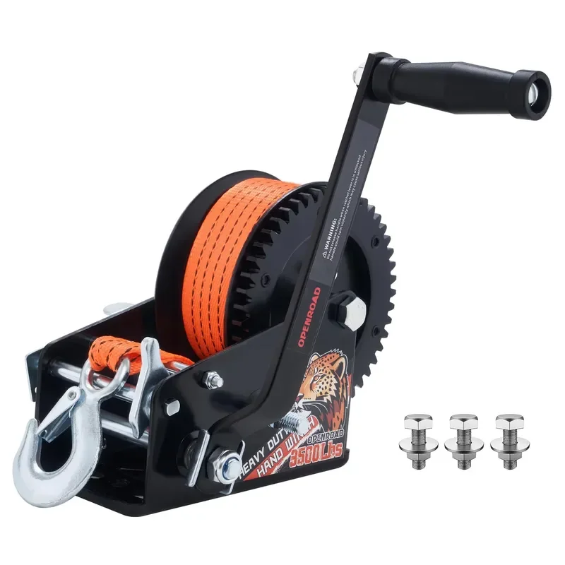 3500LB Manual Boat Trailer Winch Hand Crank Steel Wire Rope Stainless Hook 32ft Orange Strap 2 Way Ratchet Marine Towing Gear
