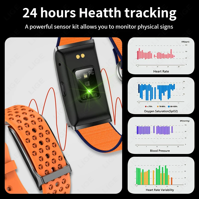 LIGE Smartband Nylon Smart Bracelet Heart Rate Health Monitor Pedometer Sports Fitness Tracker for Men Women Electronic Bracelet