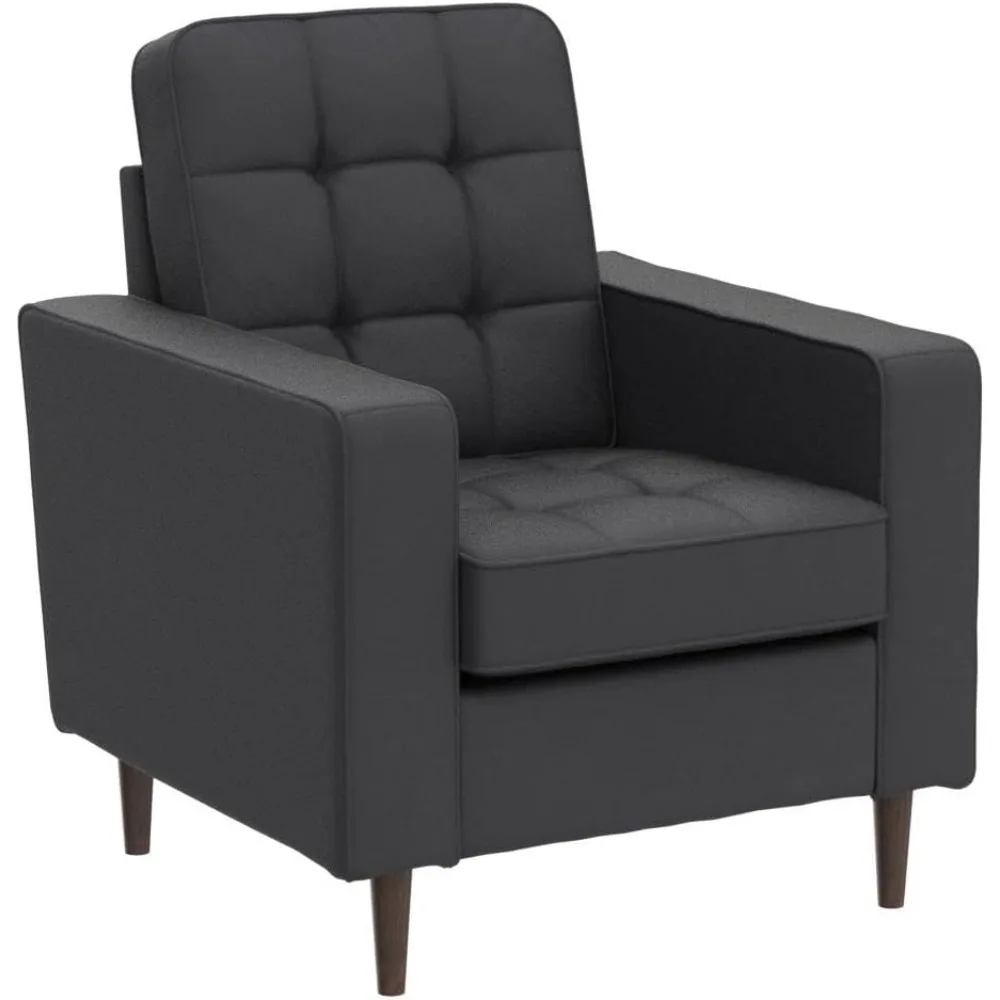 Upholstered Accent Chair,Mid-Century Modern Design,Armchair,Buttonless Tufting,Solid Frame,Black Faux Leather,Living Room Chairs image 6