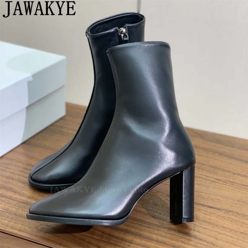 

Genuine Leather Chunky High Heel Ankle Boots Women Round Toe Chelsea Short Boots 2024 Autumn New Slim Fashion Week Boots Woman