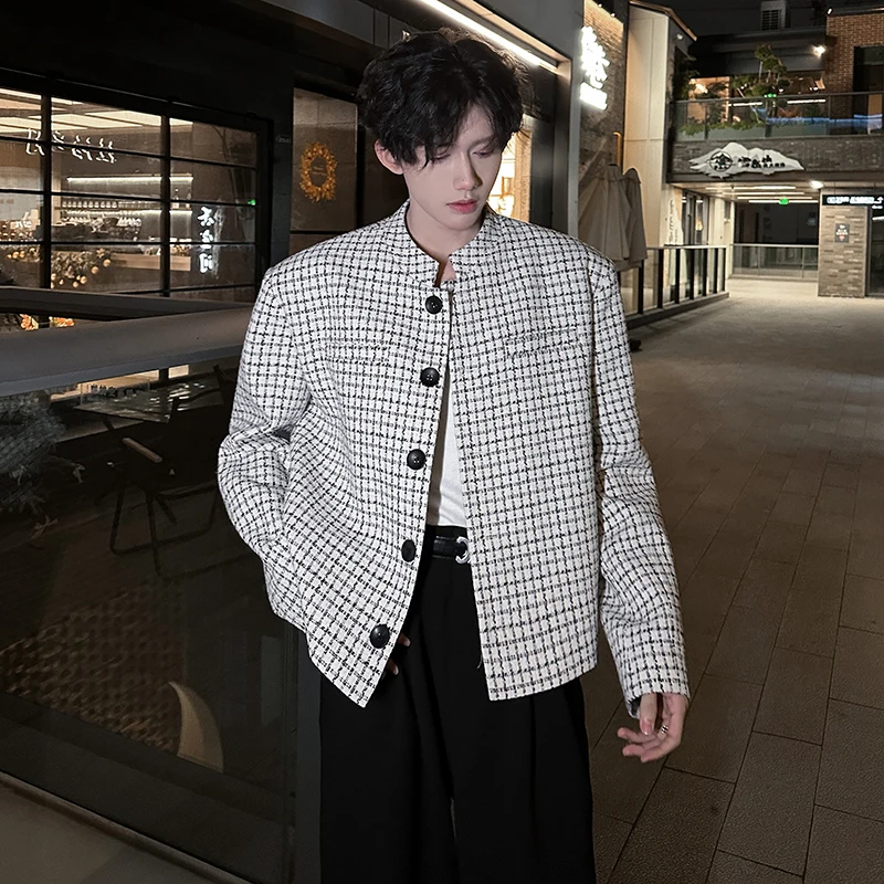 

Spring Faion Plaid ort Men's Casual Jaet Stand Collar Padded oulder Little Bla Dr Top Trendy And Sli Polyest...