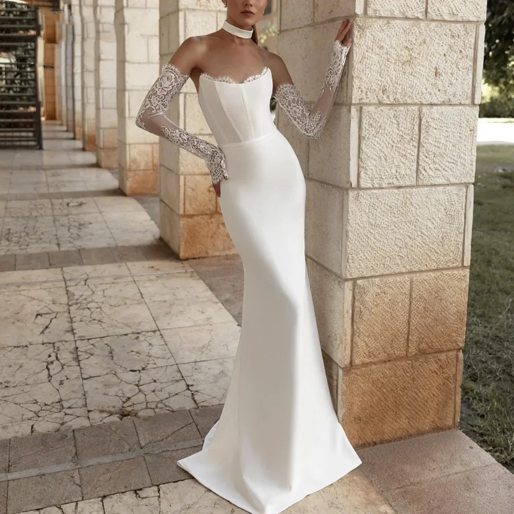 

Elegant Strapless Wedding Dress Mermaid With Cuffs Bride Gowns Lace Simple Sweep Train New Arrival Customized Vestidos De Novia