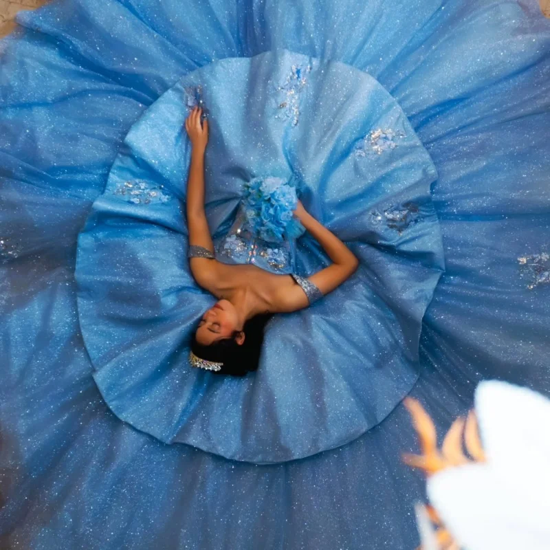 

Shiny Blue Quinceanera Dress off-shoulder Glitter 3D Flower Decal Lace Layering Long tail vestidos de 15 Quinceanera ﻿Customize