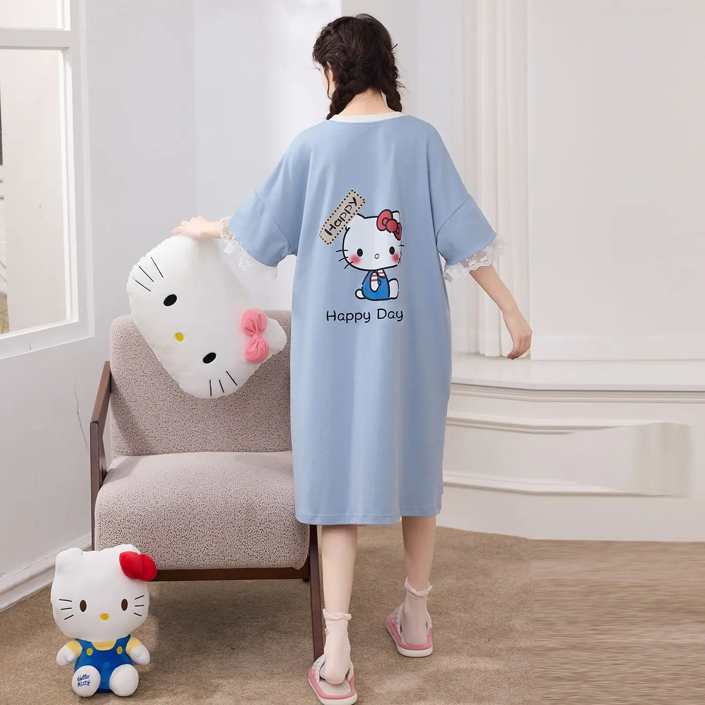 

Sanrio Hello Kitty Sleep Nightdress for Ladies Long Dresses Pyjamas Summer Sleepwear Short Sleeve Sleeping Skirt Home Clothes