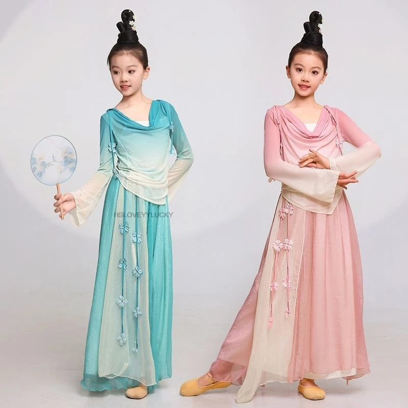 

Chinese Children's Classical Dance Performance Costume Gradient Ethnic Dance Outfit Flowing Fan Chinese Dance Practice Wear