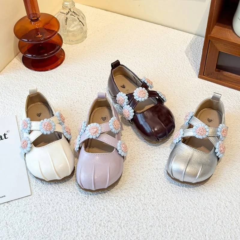 Girls Leather Shoes Floral Kids Flats with Flowers Princess Sweet Soft High Quality Children Dress Shoes for Wedding Party 22-31
