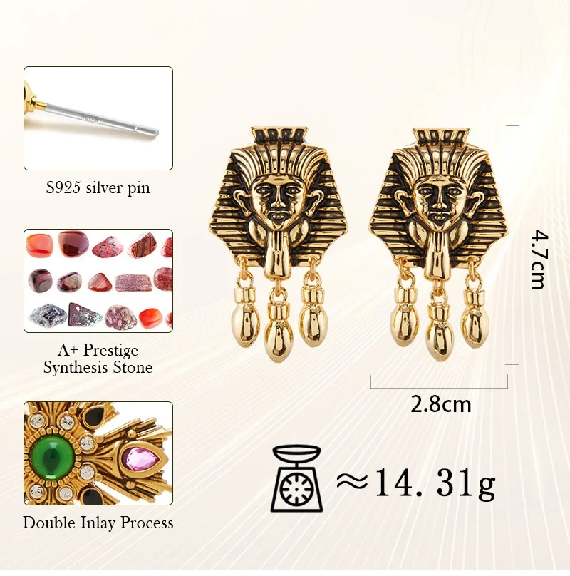 Fraya Vintage King Tutankhamun Earring Retro Egyptian Revival Statement Large Stud Earrings 925 Silver Pin Plated 18K Gold