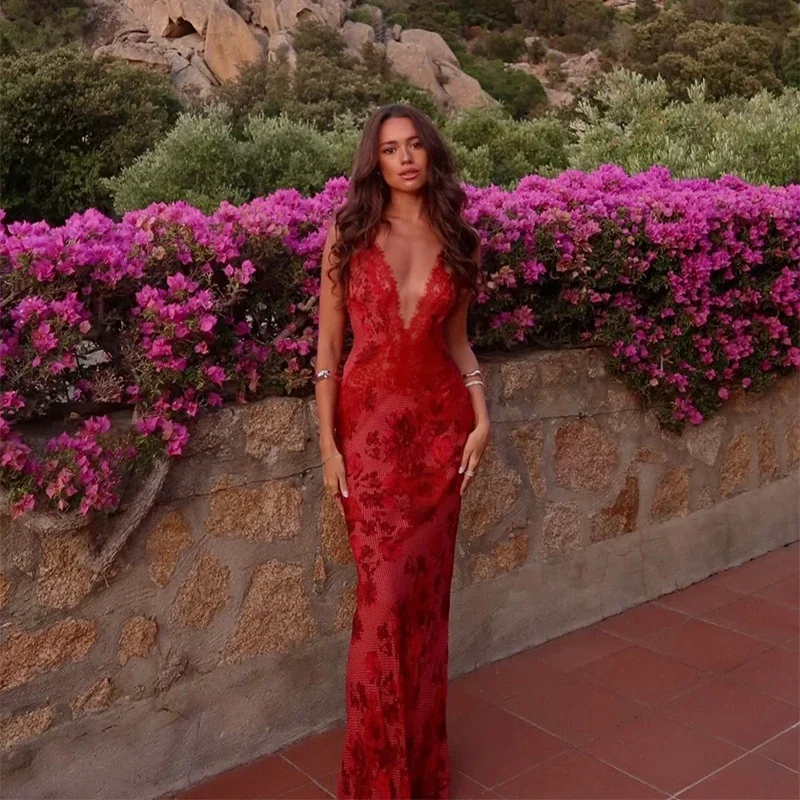 

Sexy Lady Deep V Neck Sleeveless Floor Length Dress Backless Lace Patchwork Printed Long Maxi Dresses 2026 Holiday Stylish Fit