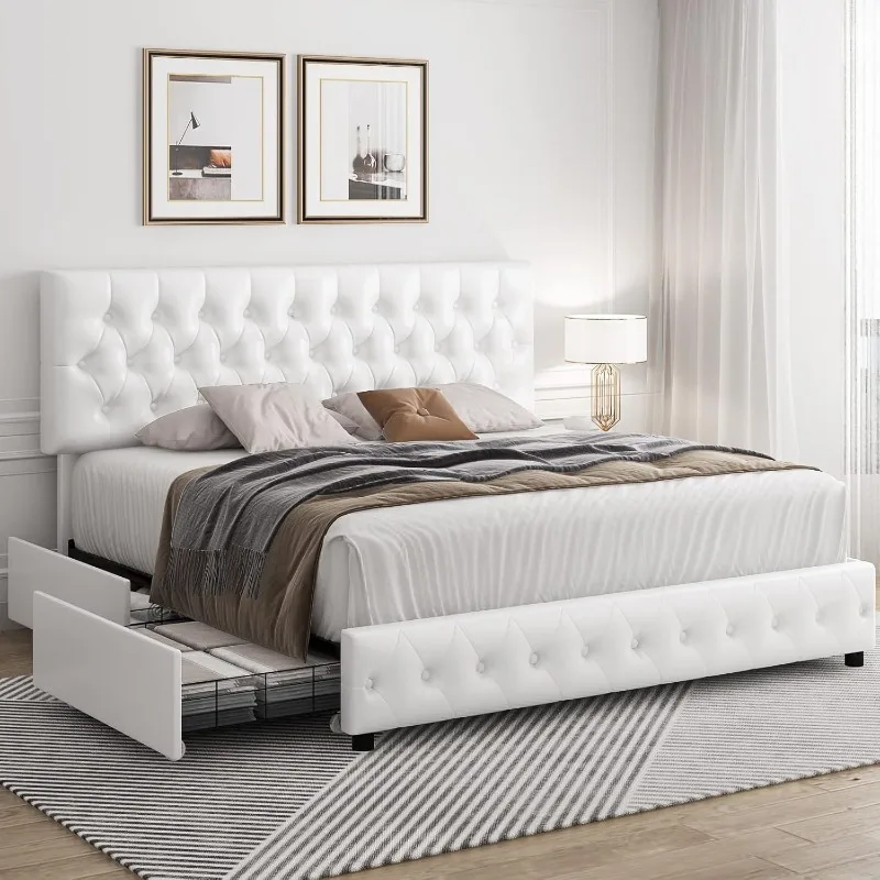 Modern Upholstered Bed Frame with 4 Drawers Button Tufted Headboard Design Solid Wooden Slat Support Easy Assembly White