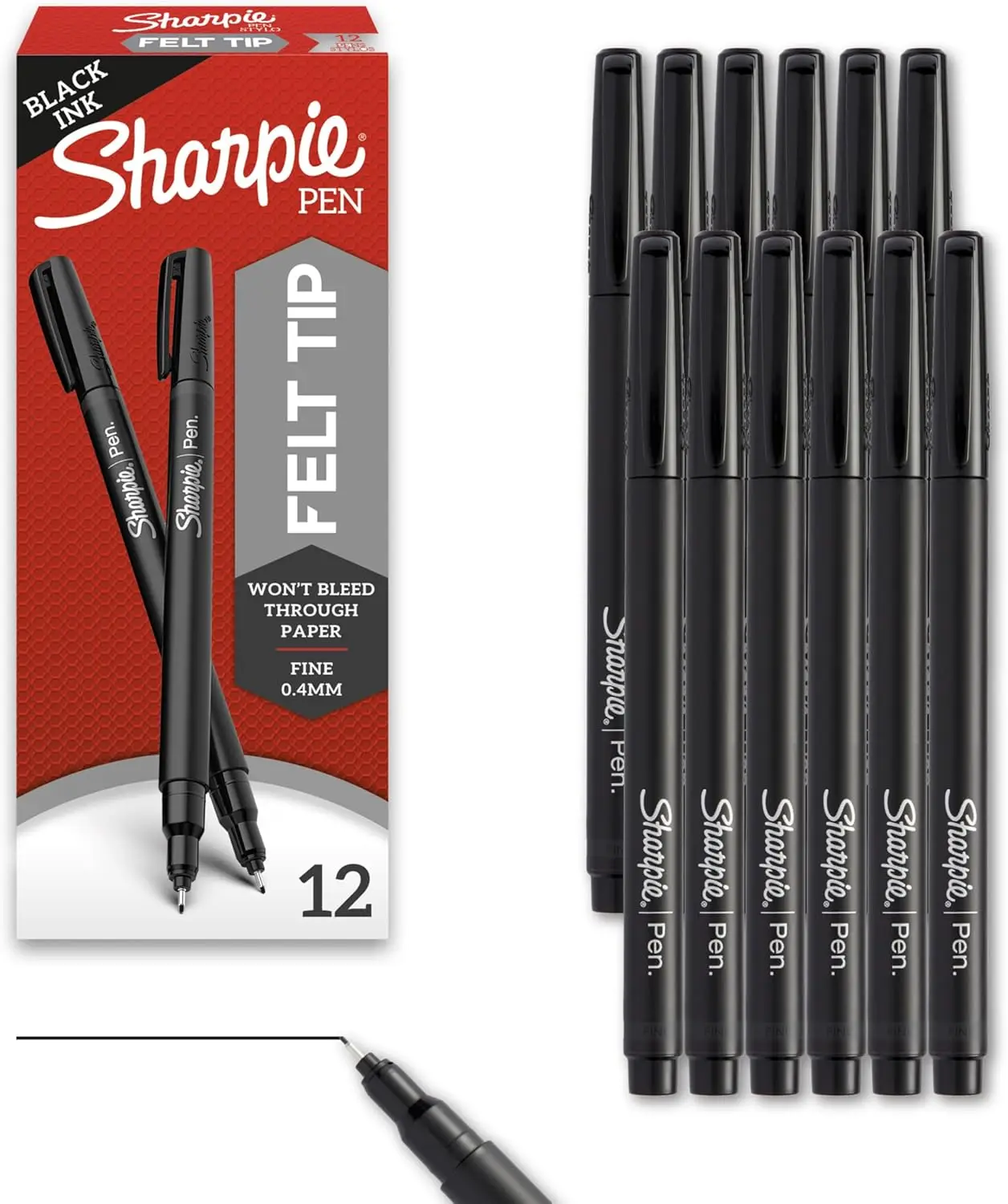 

Fine Point Felt Tip Pens, 0.4mm Black Markers, 12 Count for Journaling Art Drawing Teacher School