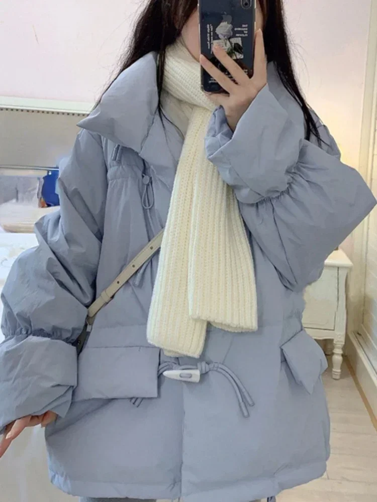 Women's Warm Thicken Parkas Stand Neck Horn Button Monochromatic Winter Jackets Loose Preppy Style Sweet All Match Coats 2024